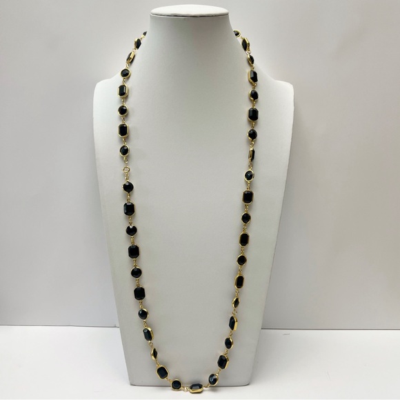 Vintage Black Bezel Set Round Rectangular Crystal Goldtone Necklace 36” - Picture 2 of 7